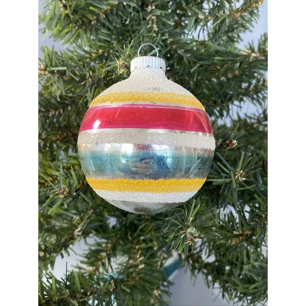 Vintage Christmas Shiny Brite Mica Striped Glass Ornament Ball Red Blue Yellow